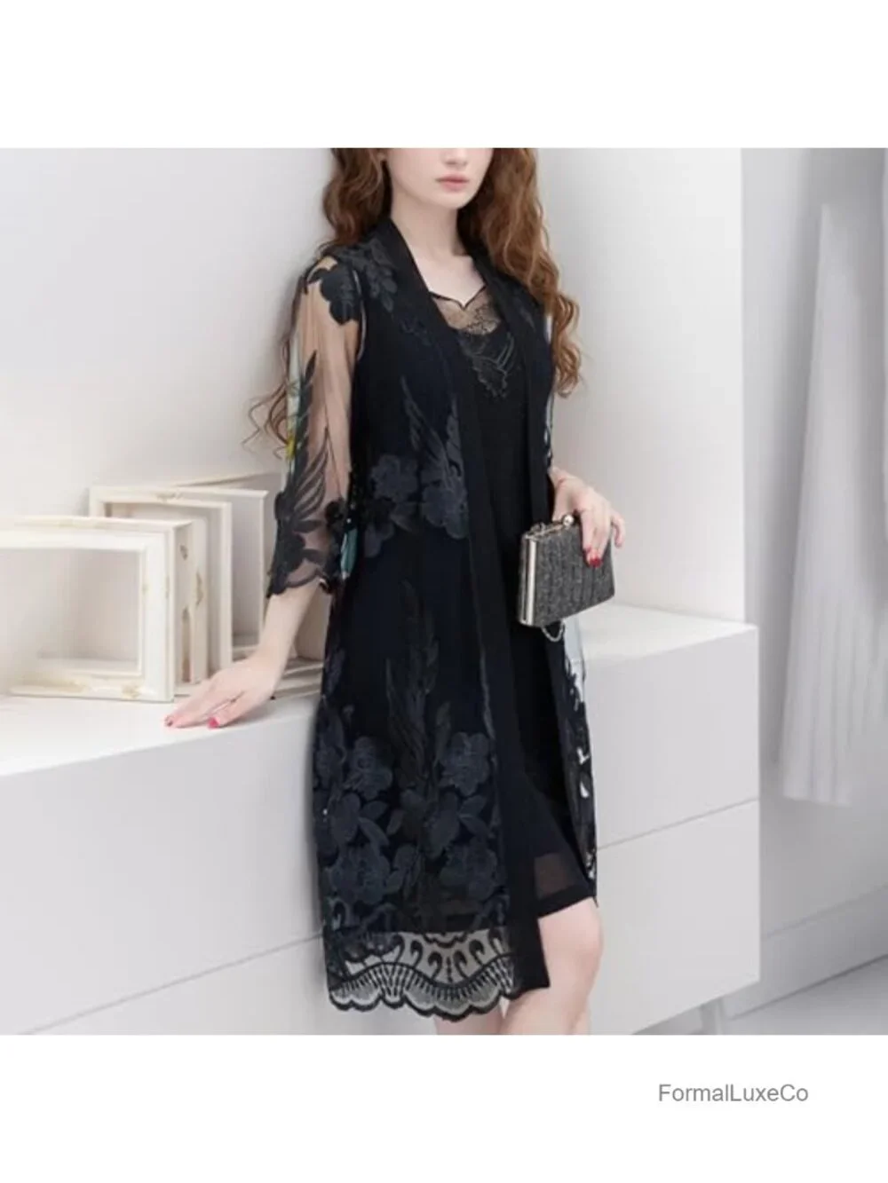 Loose Fit Ethnic Fusion Floral Lace Trim Knit Cardigan Sheer Duster 3/4 Sleeve